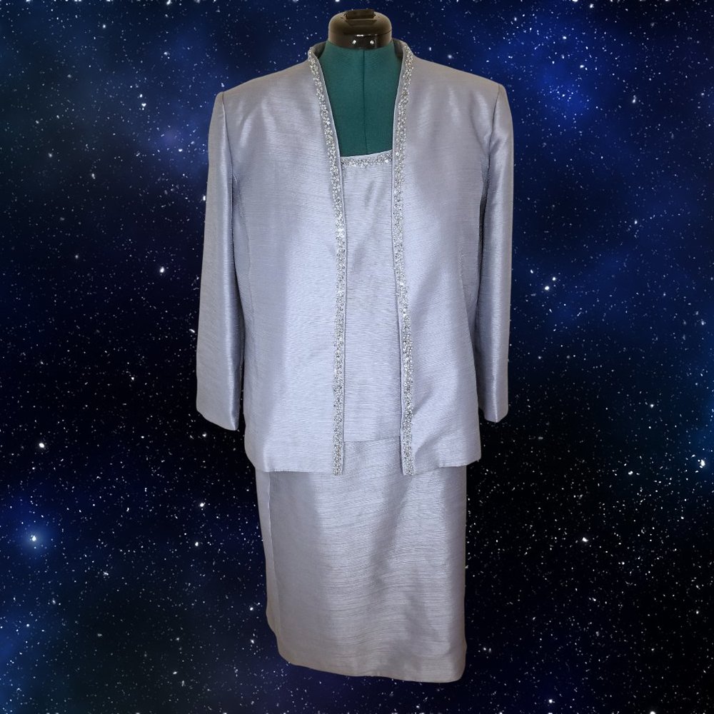 Vintage Silver Blue Pearl Kasper Suit Jacket Skirt Set Size 16